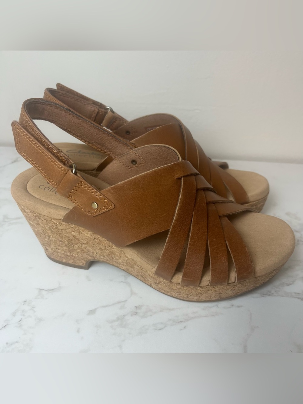 Clarks Collection Leather Wedge Sandals Tan Brown Strappy Boho Womens 6.5 M EUC